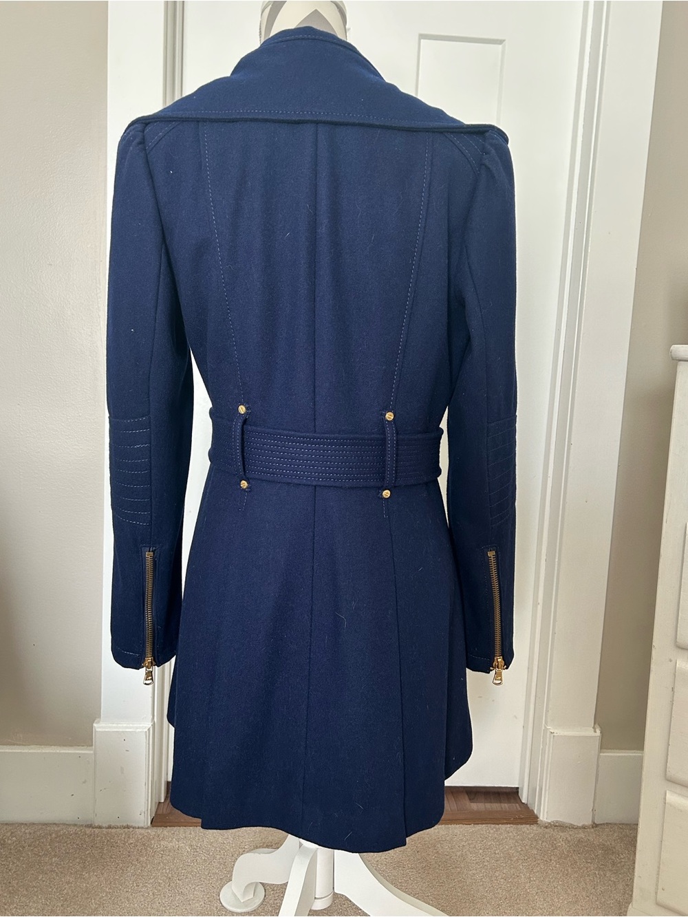 Kenneth Cole New York Navy Belted Wool-Blend Pea Coat with Gold Hardware - Picture 3 of 9